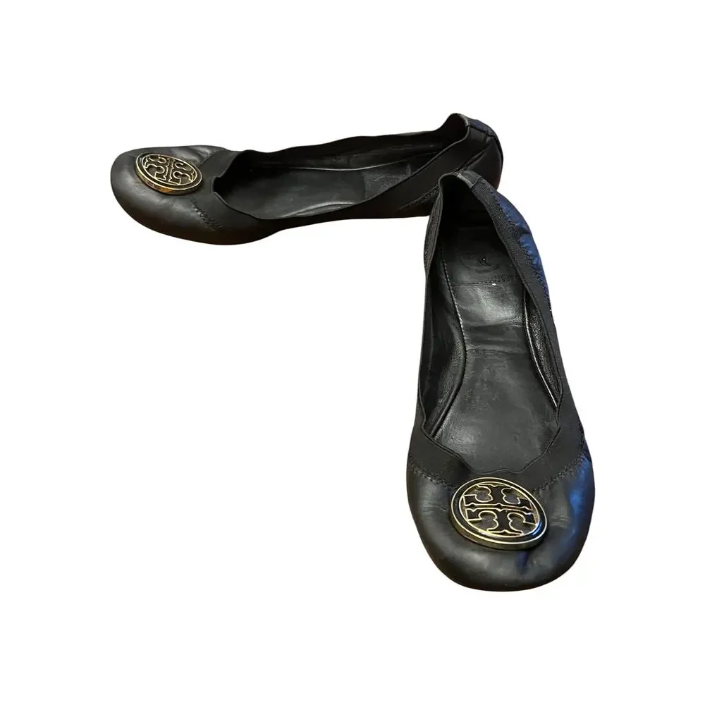 Tory Burch Reva Ballet Flats Black Leather Double T Logo Sz 7.5